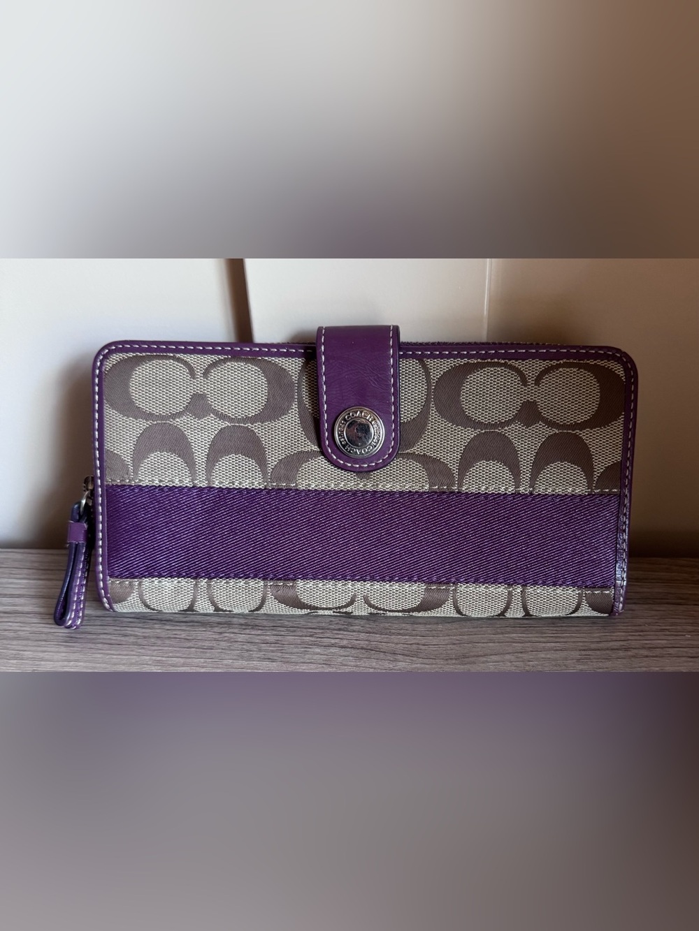Coach Signature Canvas Wallet with Purple Trim